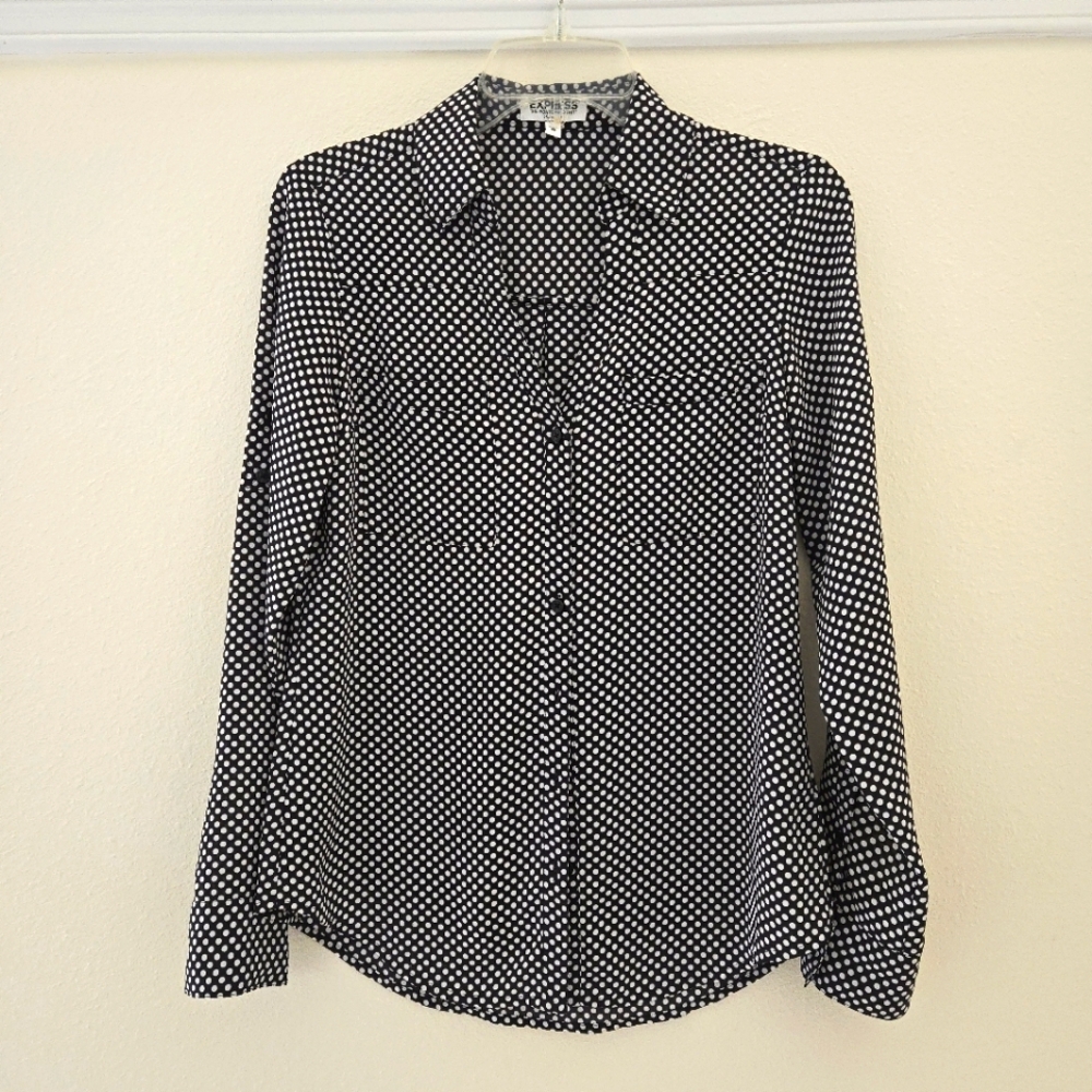 Women's EXPRESS Portofino button up Shirt blouse Black White Dots Sz XS X Small